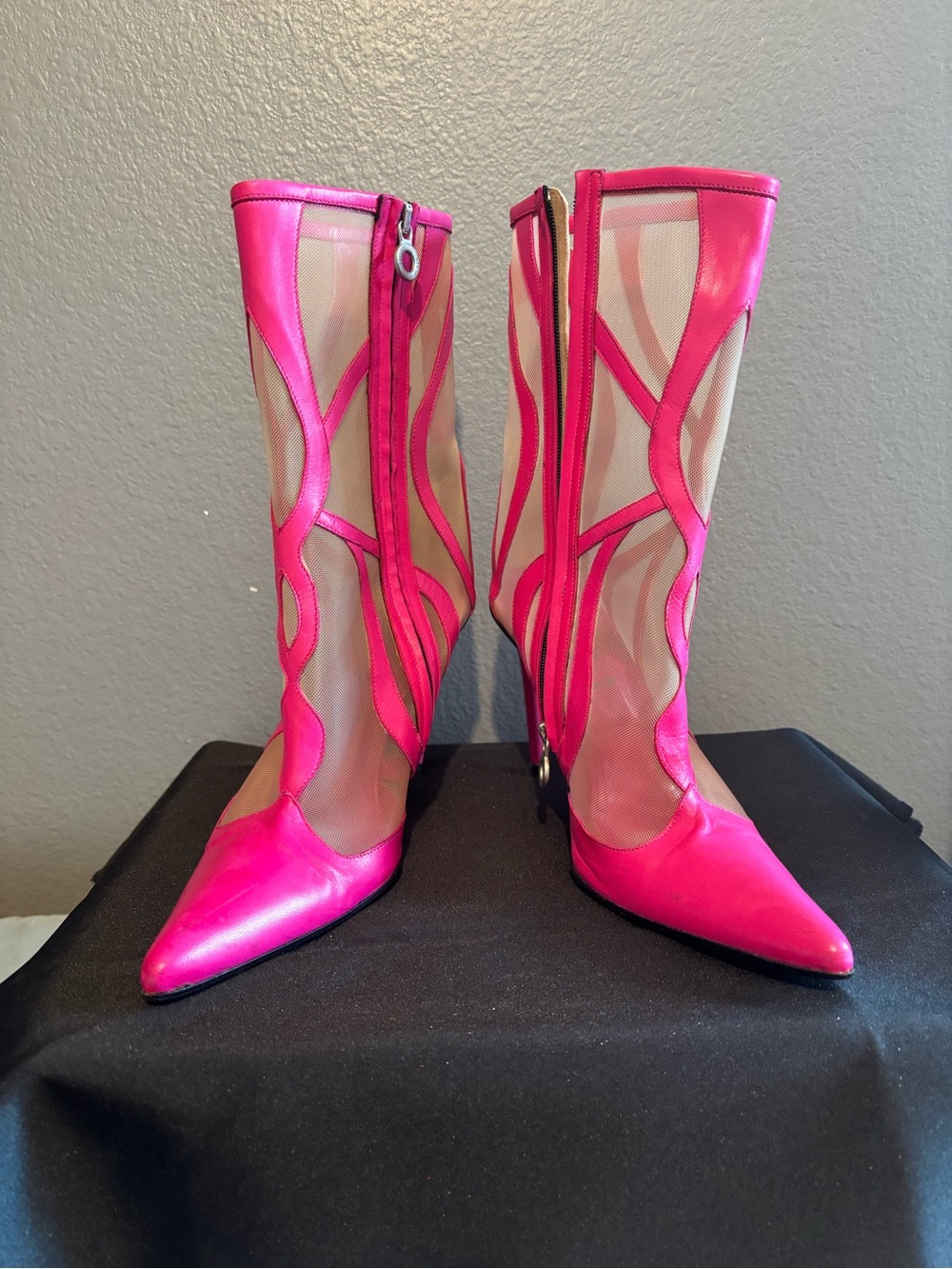 Versace Hot Pink Mesh and Leather Pointed-Toe Boots European size 39